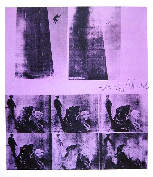 Andy Warhol, signed Print, Suicide, 1986: Andy WARHOL, "Suicide Purple Jumping Man" signed Print. From a signed VIP book from 1986. Hand signed by Andy Warhol in black pen. Size: 8.27 x 7.48 inches (21 x 19 cm), printed on the back.