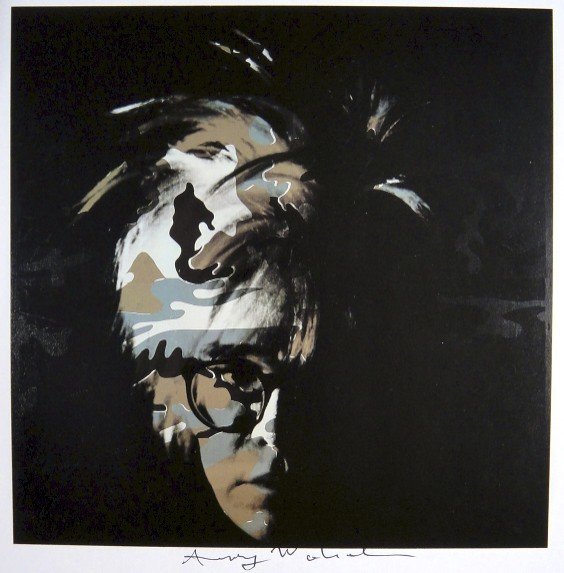 Andy Warhol, signed Print, Self-Portrait, 1986: Andy WARHOL, "Camouflage Self-Portrait" signed Print. From a signed VIP book from 1986. Hand signed by Andy Warhol in black pen. Size: 8.46 x 8.27 inches (21.5 x 21 cm), printed on the back.