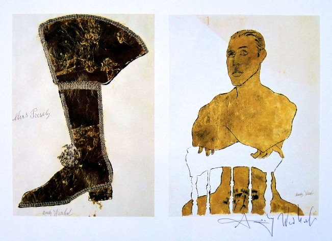 Andy Warhol, signed Print, Gold Boot, Seated Male, 1986: Andy WARHOL, "Elvis Presley's Gold Boot - Seated Male" signed Print. From a signed VIP book from 1986. Hand signed by Andy Warhol in black pen. Size: 5.91 x 8.27 inches (15 x 21 cm), printed on the ba