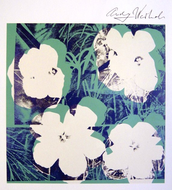 Andy Warhol, signed Print, Flowers, 1986: Andy WARHOL, "Flowers" signed Print. From a signed VIP book from 1986. Hand signed by Andy Warhol in black pen. Size: 9.06 x 8.27 inches (23 x 21 cm), printed on the back.