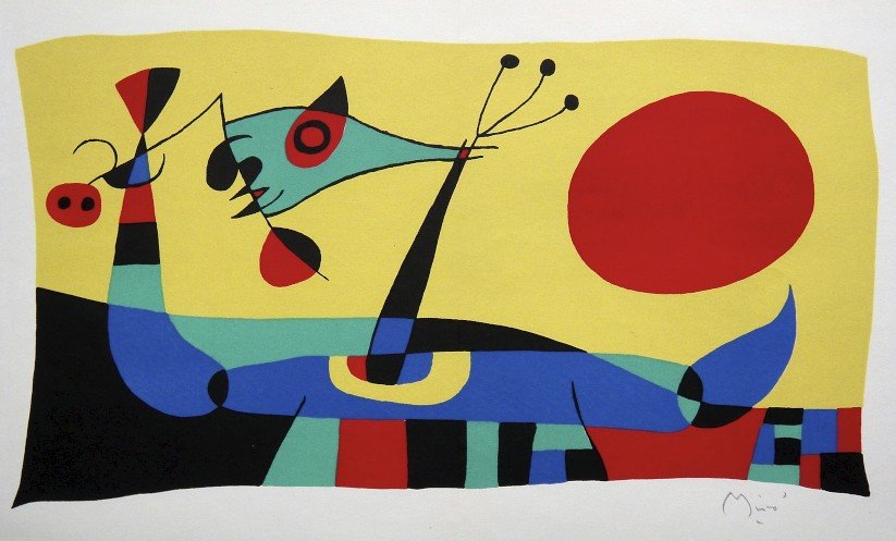 Joan Miro signed original Lithograph 1956: Joan Miro, original Lithograph from a VIP folder; Jacques Prevert - Georges Ribemont-Dessaignes 1956. Hand signed by Miro in pencil. Editeur: Galerie Maeght, Paris. Prov: Jacques Prevert, Georges Ribe
