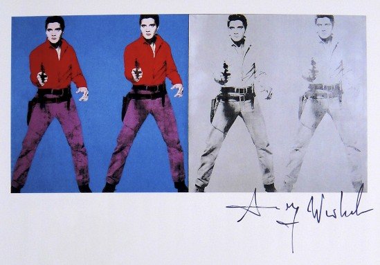 Andy Warhol, signed Print, Elvis I and II, 1986: Andy WARHOL, "Elvis I and II" signed Print. From a signed VIP book from 1986. Hand signed by Andy Warhol in black pen. Size: 6.5 x 8.66 inches (16 x 22 cm), with titel and printed on the back.