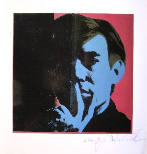 Andy Warhol, signed Print, Self-Portrait, 1986: Andy WARHOL, "Self-Portrait" signed Print. From a signed VIP book from 1986. Hand signed by Andy Warhol in black pen. Size: 8.66 x 8.27 inches (22 x 21 cm), scratched signature, shiny paper.