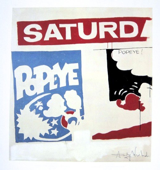 Andy Warhol, signed Print, Saturday's Popeye, 1986: Andy WARHOL, "Saturday's Popeye" signed Print. From a signed VIP book from 1986. Hand signed by Andy Warhol in black pen. Size: 8.27 x 7.48 inches (21 x 19 cm), printed on the back.