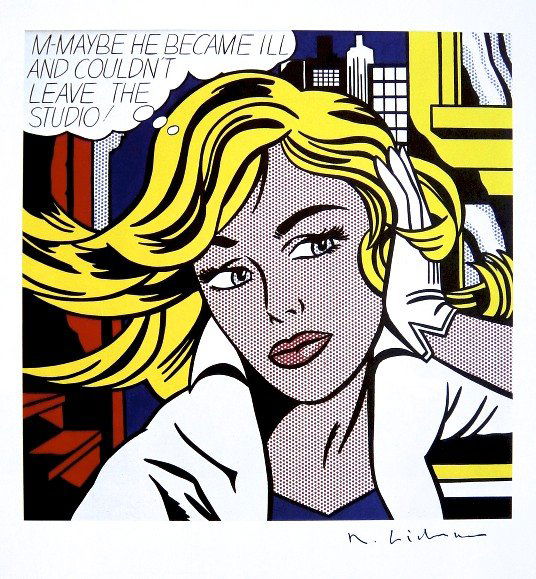 Roy LICHTENSTEIN, signed Print, m-maybe... 1984: Roy LICHTENSTEIN, "m-maybe a girl's picture" signed Print. From a signed VIP book from 1984. Hand signed by Roy Lichtenstein in black pen. Prov: Cross River Press Ltd. Size: 8.66 x 7.87 inches (22 x 2