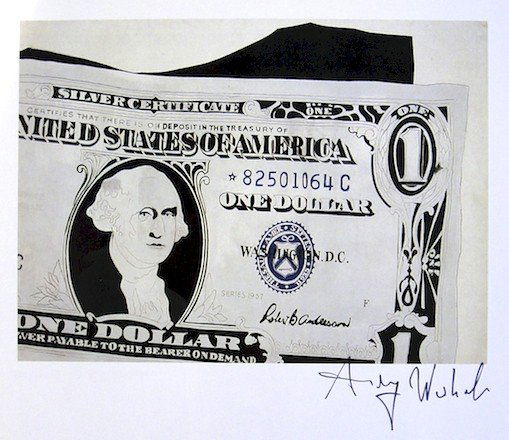 Andy Warhol, signed Print, One Dollar Bill, 1986: Andy WARHOL, "One Dollar Bill" signed Print. From a signed VIP book from 1986. Hand signed by Andy Warhol in black pen. Size: 7.68 x 8.66 inches (19.5 x 22 cm), with title and printed on the back.