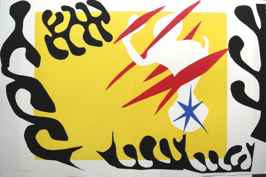 Henri Matisse, signed Lithograph "Jazz", 1951: Henri Matisse, signed lithograph from the VIP folder "Jazz". Hand signed by Matisse in pencil. 2. Edition, published in 1951. Size: 15.35 x 23.43 inches (39 x 59.5 cm), with book fold.