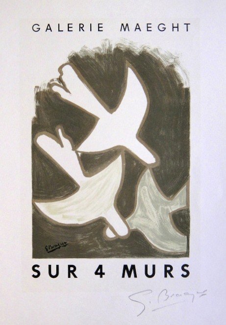 Georges Braque Lithograph Ecole de Paris 1952: Original lithograph "Galerie Maeght - Sur 4 Murs" from a VIP folder, 1952. Hand signed by Georges Braque in pencil. Lithograph: Fernand Mourlot, Paris. Editeur and Prov: Galerie Maeght, Paris. Size: 1