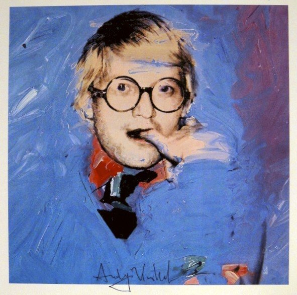 Andy Warhol, signed Print, David Hockney, 1986: Andy WARHOL, "David Hockney" signed Print. From a signed VIP book from 1986. Hand signed by Andy Warhol in black pen. Size: 8.27 x 8.27 inches (21 x 21 cm), printed on the back.