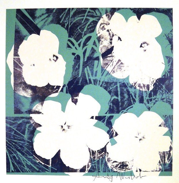 Andy Warhol, signed Print, Flowers, 1986: Andy WARHOL, "Flowers" signed Print. From a signed VIP book from 1986. Hand signed by Andy Warhol in black pen. Size: 8.27 x 7.87 inches (21 x 20 cm), printed on the back.