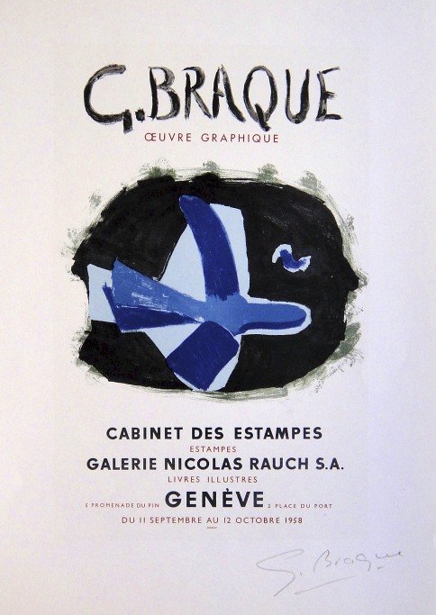 Georges Braque Lithograph Ecole de Paris 1952: Original lithograph "G. Braque - Oeuvre Graphique" from a VIP folder, 1952. Hand signed by Georges Braque in pencil. Lithograph: Fernand Mourlot, Paris. Editeur and Prov: Galerie Maeght, Paris. Size: 