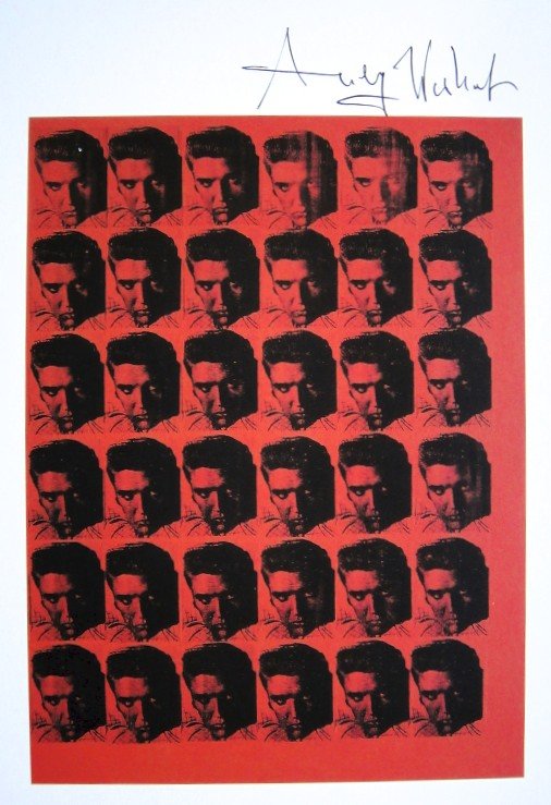 Andy Warhol, signed Print, Red Elvis, 1986: Andy WARHOL, "Red Elvis" signed Print. From a signed VIP book from 1986. Hand signed by Andy Warhol in black pen. Size: 8.66 x 6.3 inches (22 x 16 cm), printed on the back.