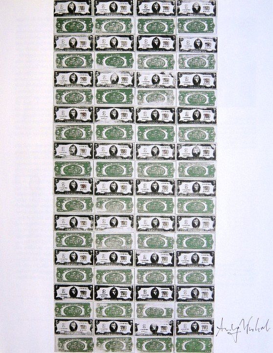 Andy Warhol, signed Print, 2 Dollar Bill, 1986: Andy WARHOL, "2 Dollar Bill" signed Print. From a signed VIP book from 1986. Hand signed by Andy Warhol in black pen. Size: 11.61 x 8.86 inches (29.5 x 22.5 cm), printed on the back.
