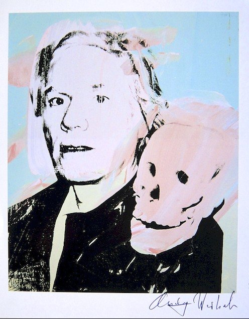 Andy Warhol, signed Print, Self-Portrait with Skull,: Andy WARHOL, "Self-Portrait with Skull" signed Print. From a signed VIP book from 1986. Hand signed by Andy Warhol in black pen. Size: 9.84 x 7.48 inches (25 x 19 cm), page number and printed on the b
