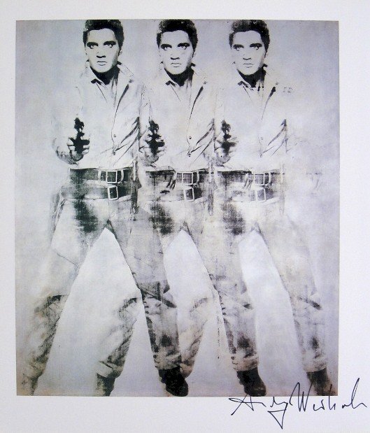Andy Warhol, signed Print, Triple Elvis, 1986: Andy WARHOL, "Triple Elvis" signed Print. From a signed VIP book from 1986. Hand signed by Andy Warhol in black pen. Size: 10.24 x 8.66 inches (26 x 22 cm), page number and printed on the back.