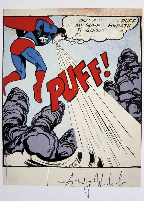 Andy Warhol, signed Print, Superman, 1986: Andy WARHOL, "Superman" signed Print. From a signed VIP book from 1986. Hand signed by Andy Warhol in black pen. Size: 9.84 x 7.09 inches (25 x 18 cm), page number and printed on the back.
