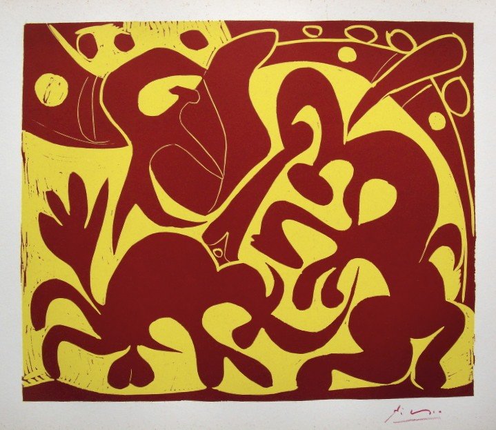 PABLO PICASSO, Hand signed Linocut, 1962: Pablo Picasso original hand signed Linocut, 1962. "Pique" (Bloch 908) Signature in red pencil by Pablo Picasso. Publishing house Gerd Hatje, Stuttgart 1962 and for France edition Circle d'Art, Paris 1