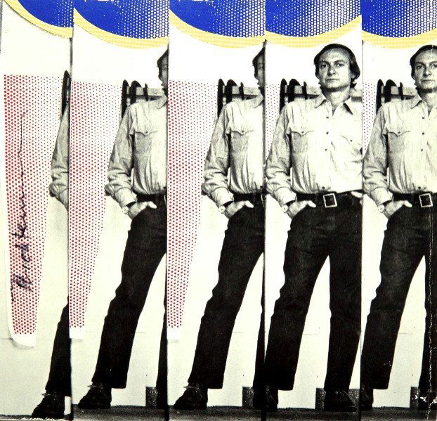 Roy LICHTENSTEIN, signed Print, Self-Portrait, 1975: Roy LICHTENSTEIN, "Self-Portrait" signed Print. From a signed VIP book from 1975. Hand signed by Roy Lichtenstein in black pen. Prov: E.P.C.B. departement des arts plastiques. Size: 7.68 x 7.87 inches