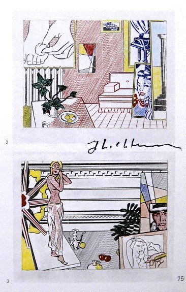 Roy LICHTENSTEIN, signed Print, Artist's Studio, 1975: Roy LICHTENSTEIN, "Artist's Studio" signed Print. From a signed VIP book from 1975. Hand signed by Roy Lichtenstein in black pen. Prov: E.P.C.B. departement des arts plastiques. Size: 7.09 x 4.53 inch