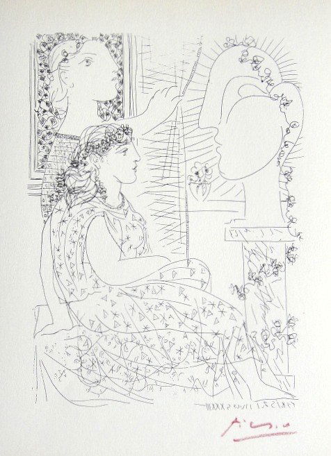 Pablo PICASSO "Suite Vollard" Lithograph 1952: Picasso Lithograph form the Suite Vollard "Deux Modeles vetus" (Bloch 150). Hand signed in red pencil by Pablo Picasso, Edition from 1952. Size: 8.2 x 11 in (20 x 27 cm).