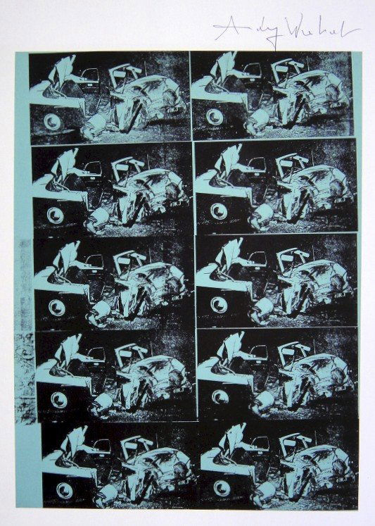 Andy Warhol, signed Print, Green Disaster, 1986: Andy WARHOL, "Green Disaster 10 Times" signed Print. From a signed VIP book from 1986. Hand signed by Andy Warhol in black pen. Size: 9.84 x 7.09 inches (25 x 18 cm), printed on the back.