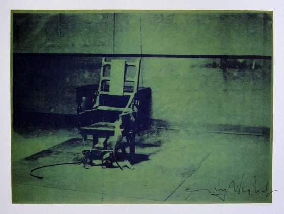 Andy Warhol, signed Print, Big Electric Chair, 1986: Andy WARHOL, "Big Electric Chair" signed Print. From a signed VIP book from 1986. Hand signed by Andy Warhol in black pen. Size: 5.91 x 7.87 inches (15 x 20 cm).