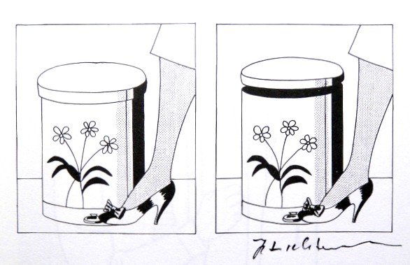 Roy LICHTENSTEIN, signed Print, Step on can..., 1975: Roy LICHTENSTEIN, "Step on can with leg closed - open" signed Print. From a signed VIP book from 1975. Hand signed by Roy Lichtenstein in black pen. Prov: E.P.C.B. departement des arts plastiques. Siz