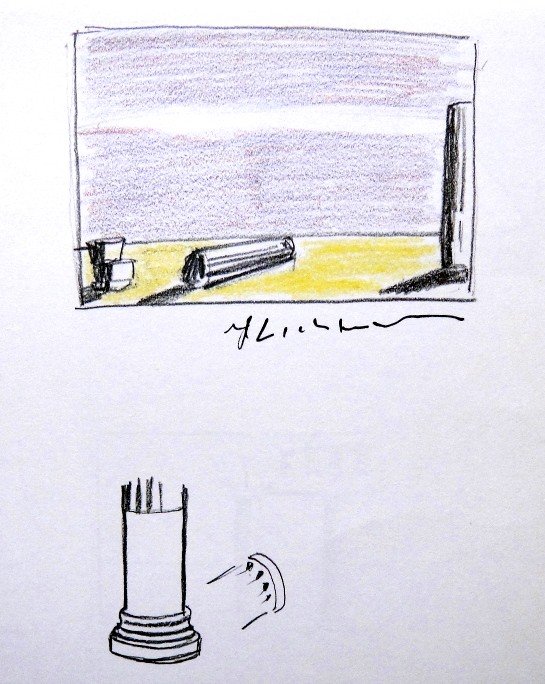 Roy LICHTENSTEIN, signed Print, Landscape with columns,: Roy LICHTENSTEIN, "Landscape with columns" signed Print. From a signed VIP book from 1975. Hand signed by Roy Lichtenstein in black pen. Prov: E.P.C.B. departement des arts plastiques. Size: 7.48 x 5.