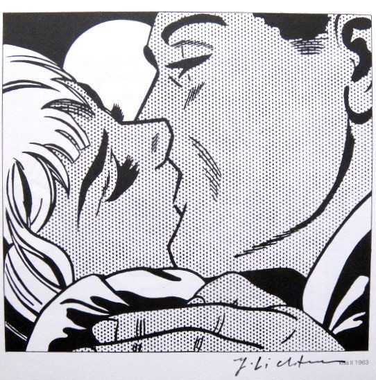 Roy LICHTENSTEIN, signed Print, Kiss, 1975: Roy LICHTENSTEIN, "Kiss" signed Print. From a signed VIP book from 1975. Hand signed by Roy Lichtenstein in black pen. Prov: E.P.C.B. departement des arts plastiques. With titel, page number and print