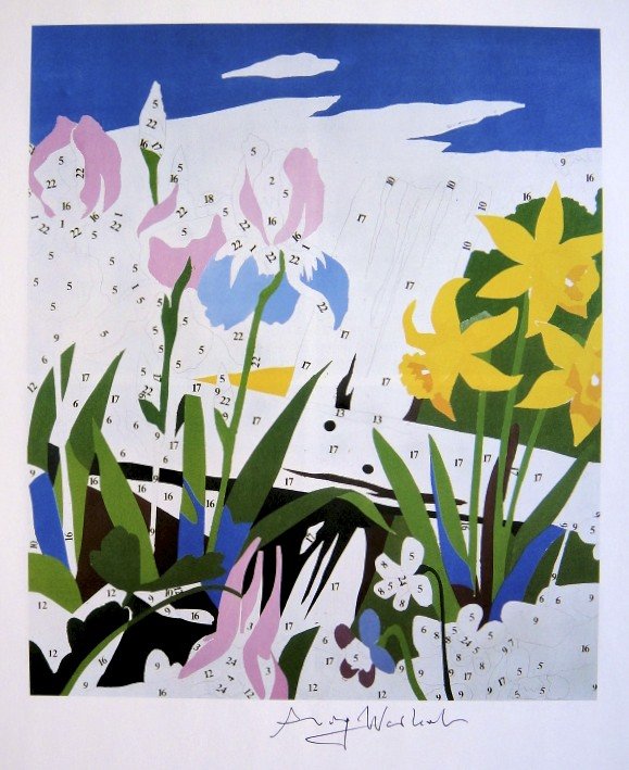 Andy Warhol, signed Print, Do It Yourself, 1986: Andy WARHOL, "Do It Yourself - Flowers" signed Print. From a signed VIP book from 1986. Hand signed by Andy Warhol in black pen. Size: 10.63 x 8.27 inches (27 x 21 cm), printed on the back.