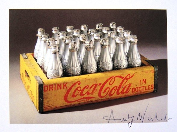 Andy Warhol, signed Print, Silver Coke Bottles, 1986: Andy WARHOL, "Silver Coke Bottles" signed Print. From a signed VIP book from 1986. Hand signed by Andy Warhol in black pen. Size: 4.72 x 6.69 inches (12 x 17 cm), printed on the back.