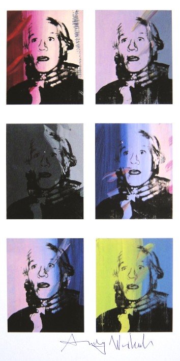 Andy Warhol, signed Print, Self-Portrait, 1986: Andy WARHOL, "Self-Portrait" signed Print. From a signed VIP book from 1986. Hand signed by Andy Warhol in black pen. Size: 9.45 x 4.72 inches (24 x 12 cm), printed on the back.