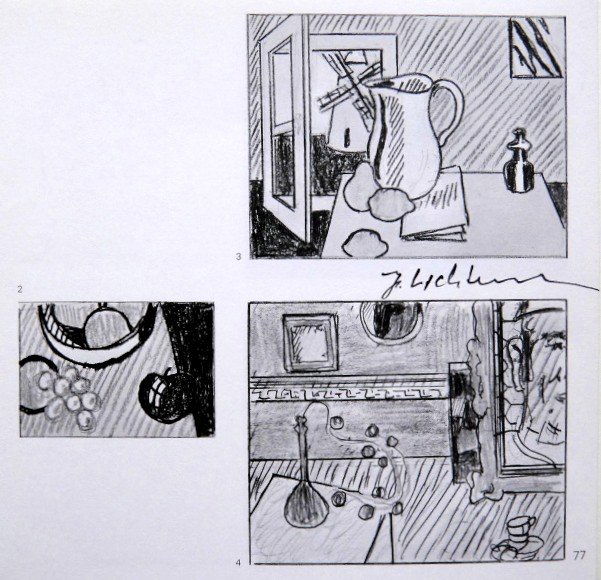 Roy LICHTENSTEIN, signed Print, Still life, 1975: Roy LICHTENSTEIN, "Still life" signed Print. From a signed VIP book from 1975. Hand signed by Roy Lichtenstein in black pen. Prov: E.P.C.B. departement des arts plastiques. Size: 7.48 x 7.48 inches (1