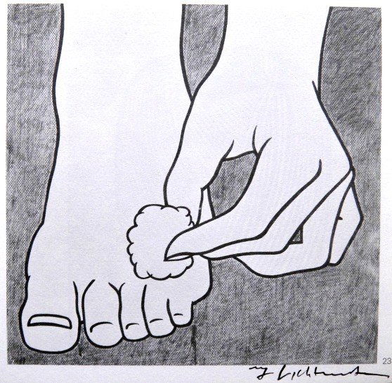 Roy LICHTENSTEIN, signed Print, Foot Medication, 1975: Roy LICHTENSTEIN, "Foot Medication" signed Print. From a signed VIP book from 1975. Hand signed by Roy Lichtenstein in black pen. Prov: E.P.C.B. departement des arts plastiques. Size: 7.48 x 7.48 inch