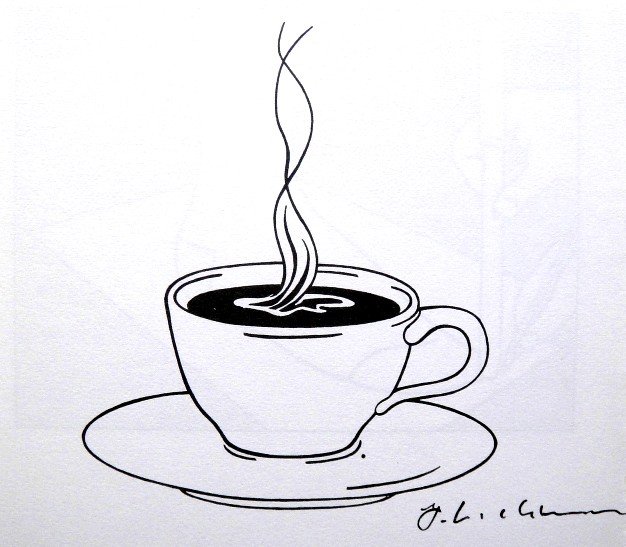 Roy LICHTENSTEIN, signed Print, Cup of Coffee, 1975: Roy LICHTENSTEIN, "Cup of Coffee" signed Print. From a signed VIP book from 1975. Hand signed by Roy Lichtenstein in black pen. Prov: E.P.C.B. departement des arts plastiques. Size: 7.09 x 7.09 inches