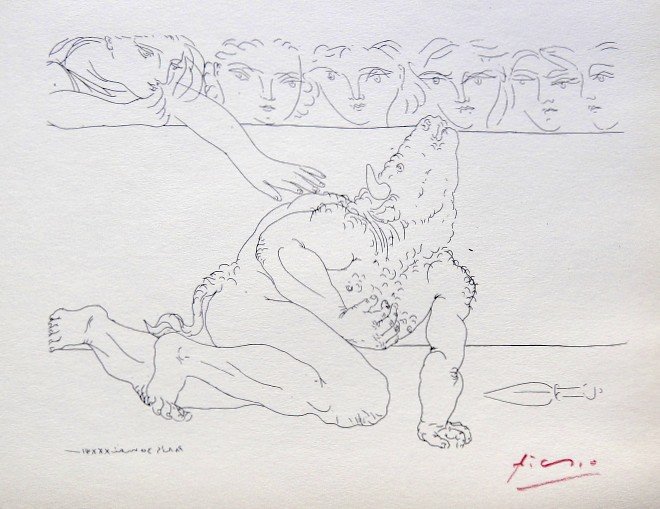 Pablo PICASSO "Suite Vollard" Lithograph 1952: Picasso Lithograph form the Suite Vollard "Minotaure mourant" (Bloch 198). Hand signed in red pencil by Pablo Picasso, Edition from 1952. Size: 8.2 x 11 in (20 x 27 cm).