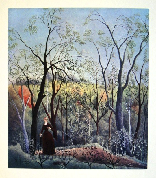 Henri ROUSSEAU, special Print La Promenade: Beautiful Print " La Promenade " by Henry Rousseau. From the special VIP book ÒLe Douanier" from Philippe Soupault. Signed in the plate. Print is glued on a base. Edition: D'Art Albert Skira, Geneve.