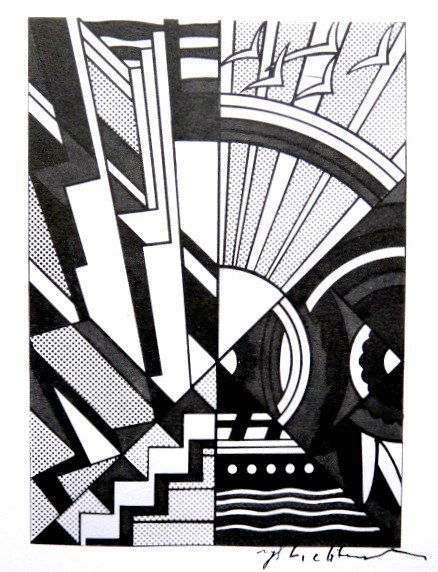 Roy LICHTENSTEIN, signed Print, Town and Country, 1975: Roy LICHTENSTEIN, "Town and Country" signed Print. From a signed VIP book from 1975. Hand signed by Roy Lichtenstein in black pen. Prov: E.P.C.B. departement des arts plastiques. Size: 7.68 x 5.91 inc