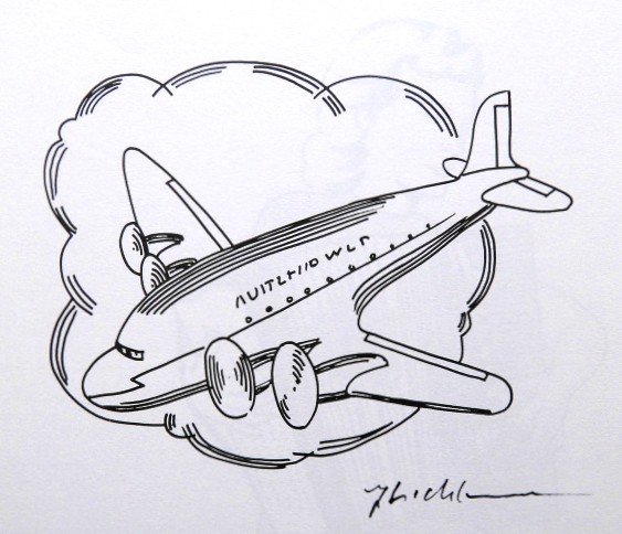 Roy LICHTENSTEIN, signed Print, Airplane, 1975: Roy LICHTENSTEIN, "Airplane" signed Print. From a signed VIP book from 1975. Hand signed by Roy Lichtenstein in black pen. Prov: E.P.C.B. departement des arts plastiques. Size: 6.69 x 7.48 inches (17