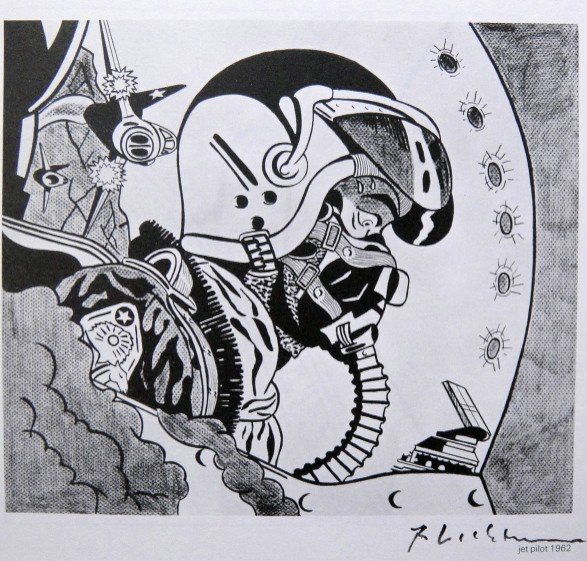 Roy LICHTENSTEIN, signed Print, Jet pilot, 1975: Roy LICHTENSTEIN, "Jet pilot" signed Print. From a signed VIP book from 1975. Hand signed by Roy Lichtenstein in black pen. Prov: E.P.C.B. departement des arts plastiques. Size: 7.09 x 7.28 inches (18