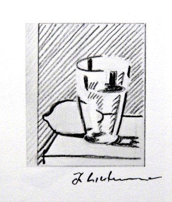 Roy LICHTENSTEIN, signed Print, Lemon and Glass, 1975: Roy LICHTENSTEIN, "Lemon and Glass" signed Print. From a signed VIP book from 1975. Hand signed by Roy Lichtenstein in black pen. Prov: E.P.C.B. departement des arts plastiques. Size: 4.33 x 3.54 inch