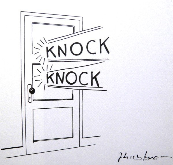 Roy LICHTENSTEIN, signed Print, Knock Knock, 1975: Roy LICHTENSTEIN, "Knock Knock" signed Print. From a signed VIP book from 1975. Hand signed by Roy Lichtenstein in black pen. Prov: E.P.C.B. departement des arts plastiques. Size: 7.28 x 7.87 inches (