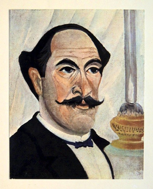 Henri ROUSSEAU, special Print Autoportrait: Beautiful Print " Autoportrait " by Henry Rousseau. From the special VIP book ÒLe Douanier" from Philippe Soupault. Print is glued on a base. Edition: D'Art Albert Skira, Geneve. Size Print: 9.45 x 7