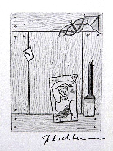 Roy LICHTENSTEIN, signed Print, Studio wall with: Roy LICHTENSTEIN, "Studio wall with Butterfly" signed Print. From a signed VIP book from 1975. Hand signed by Roy Lichtenstein in black pen. Prov: E.P.C.B. departement des arts plastiques. Size: 5.51