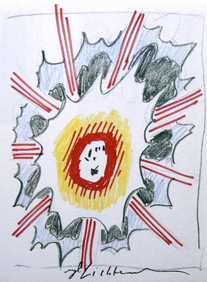Roy LICHTENSTEIN, signed Print, Explosion Sketch, 1975: Roy LICHTENSTEIN, "Explosion Sketch" signed Print. From a signed VIP book from 1975. Hand signed by Roy Lichtenstein in black pen. Prov: E.P.C.B. departement des arts plastiques. Size: 7.68 x 5.51 inc