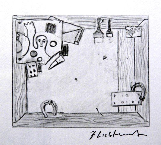 Roy LICHTENSTEIN, signed Print, Studio wall with: Roy LICHTENSTEIN, "Studio wall with horseshoe" signed Print. From a signed VIP book from 1975. Hand signed by Roy Lichtenstein in black pen. Prov: E.P.C.B. departement des arts plastiques. Size: 5.51