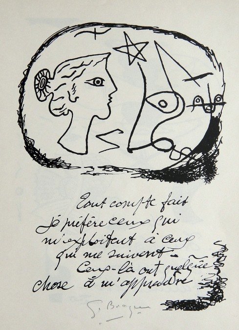 Georges Braque, original signed Lithograph, 1967: Original Lithograph by Georges Braque. Hand signed by Georges Braque in pencil. From a signed VIP book, published in 1967. Editeur: Galerie Maeght, Paris. Size: 12.2 x 8.66 inches (31 x 22 cm), page n
