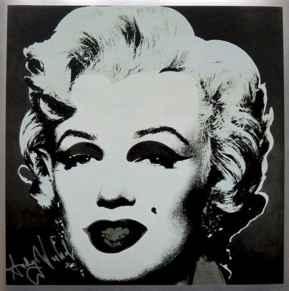 ANDY WARHOL, Signed Print Marilyn Monroe, 1982: Andy WARHOL, "Marilyn Monroe", signed Print. From a signed VIP-catalog from 1982. Hand signed by Andy Warhol in silver pen. Size: 9 x 9 in (23 x 23 cm).