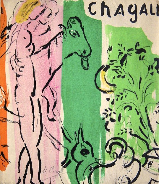 Marc CHAGALL, " Paysage aux Isbas Ó Litho: Marc CHAGALL, " Paysage aux Isbas - Cover " original Lithograph 1957. Hand signed by Marc CHAGALL in pencil. From a signed VIP book, published in 1957. Editeur: Fernand Murlot, Paris, par Jacques Lass