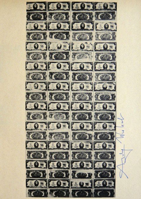 ANDY WARHOL, Signed Print "80 Two Dollar Bills", 1966: Andy WARHOL, "80 Two Dollar Bills" signed special Print. From a signed VIP book from 1966. Hand signed by Andy Warhol in blue pen. Size: 10.24 x 6.69 inches (26 x 17 cm), printed on the back.